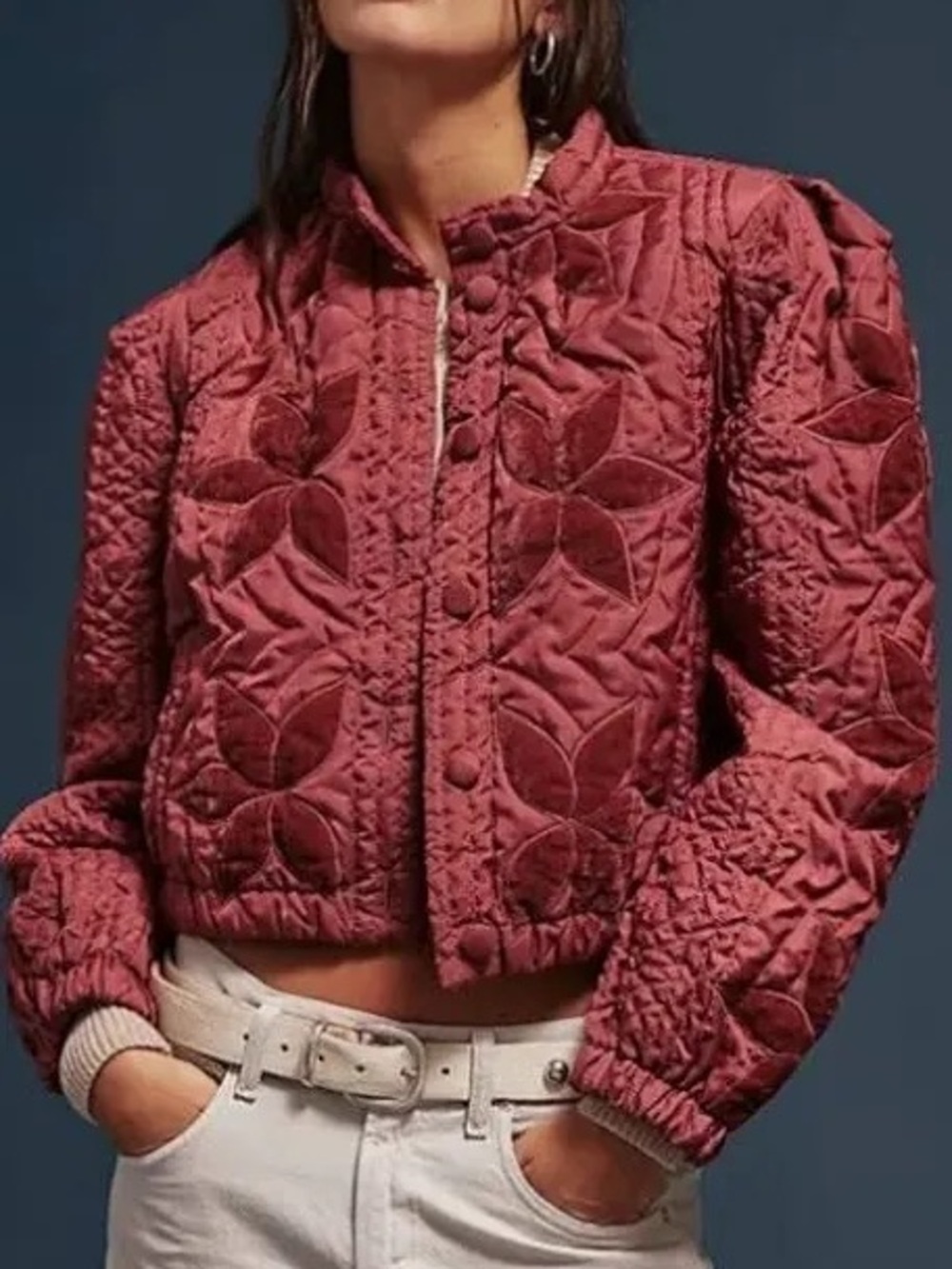 Free People Quilted Floral Bomber Jacket - Dusty Rose